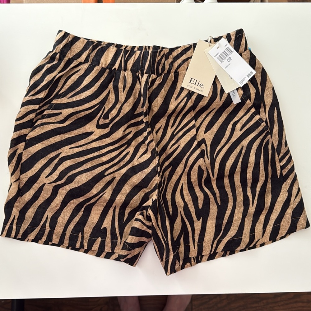 Elie. Elie Tahari 100% European Linen Zebra Print Pull On Shorts - XS